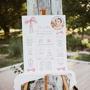 Modèle de plaque pour le premier anniversaire avec noeud rose, ruban, affiche pour jalon du 1er anniversaire, photo au tableau pour jalon du 1er anniversaire, modifiable, 053-A