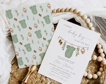 Boy Baby Clothes Baby Shower Invitation Template, Clothes Line Baby Shower Invite, Printable Washing Line Invite, Sage Green, Editable 081-B
