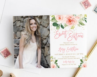 Rosa Gold bearbeitbare Foto Sweet 16 Einladung, druckbare Blush Floral 16. Geburtstag einladen Vorlage, Rosa Gold Glitzer Sofortiger Download 009-W