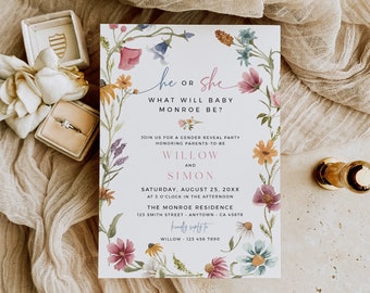 Wildflower Gender Reveal Invite, Gender Reveal Party Invitation Wildflower, Floral Gender Reveal Invite, He or She, Editable Template, 023-W