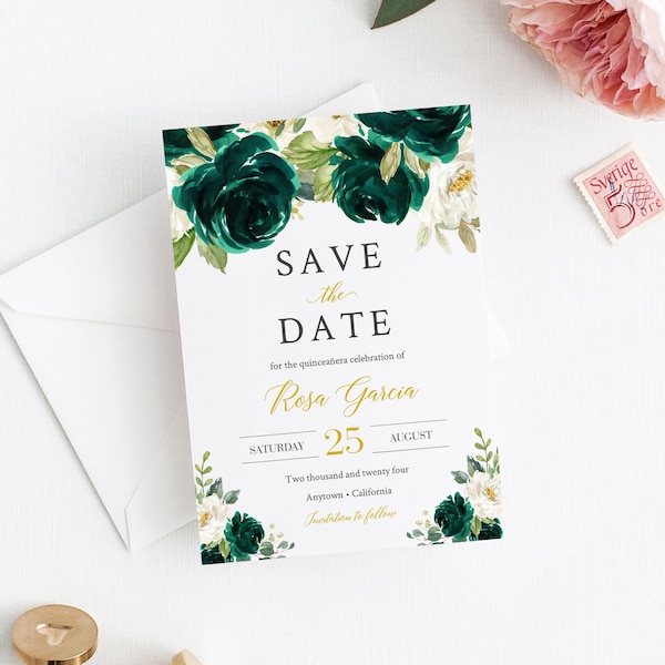 Emerald Green Gold Floral Quinceanera Editable Save the Date, Printable Mis Quince Save the Date Template, Boho 15 XV Instant Download 065-W