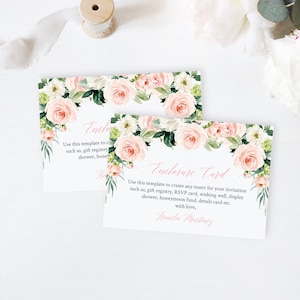 Cartão de gabinete editável floral verde blush, inserção de convite rosa, modelo de inserção Quince XV 15, impressão RSVP, download instantâneo, 016-W