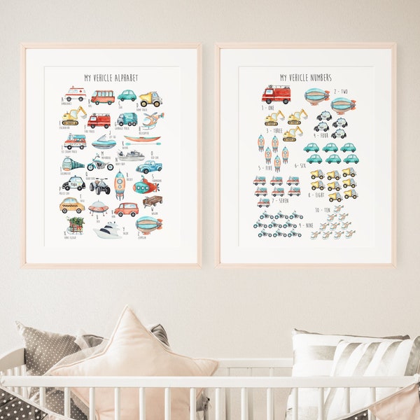 Vehicle Alphabet Numbers Wall Art, Printable Transport Decor, Vehicle Chart Educational Illustration Car Truck Set of 2, Inst Download 645-A