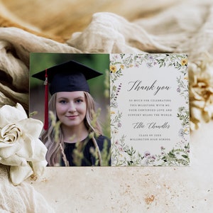 Mädchen Abschluss Dankeskarte Vorlage mit Foto, druckbare Wildblumen Dankeskarte, Grad Dankeschön Karte, Boho, bearbeitbar 064-W