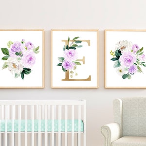 Lilac Gold Floral Monogram Nursery Art, Printable Lavender Gold Initial Art, Boho Floral Wall Art, Floral Print Set of 3, Download 617-A