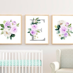 Lilac Silver Floral Monogram Nursery Art, Printable Lavender Silver Initial Art, Boho Floral Wall Art, Floral Print Set of 3, Download 617-A
