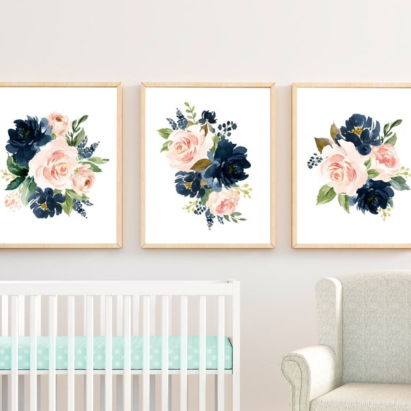 Blush Navy Floral Printable Nursery Art, Pink Blue Boho Girls Nursery Decor, Floral Wall Art, Nursery Art, Set of 3, Instant Download 623-A