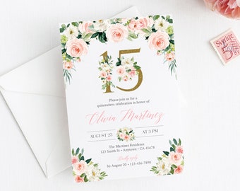 Blush Gold Floral Quinceañera Birthday Editable Invitation, Printable Mis Quince Invite Template, Pink Gold 15 XV, Instant Download 016-W