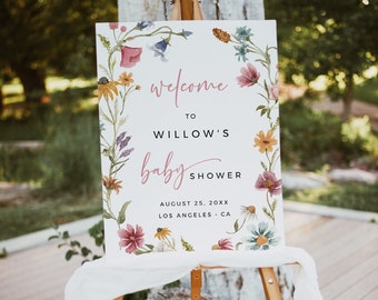 Wildflower Baby Shower Welcome Sign, Floral Welcome Sign, Boho Printable Welcome Sign, Girl Shower Welcome Sign, Editable Template, 023-W