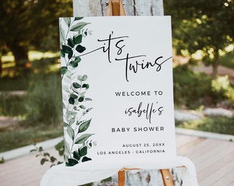 Twins Baby Shower Welcome Sign, Greenery Welcome Poster Baby Shower Welcome Board, Eucalyptus Gender Neutral, Editable Sign Template, 029-W
