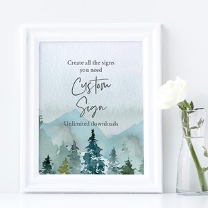 Letrero personalizado editable de montañas, plantilla rústica para despedida de soltera, letreros personalizados ilimitados para imprimir en el bosque, 3 tamaños, descarga Forest 049-W