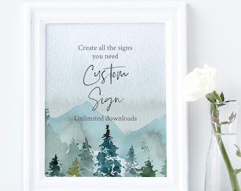 Berge bearbeitbares benutzerdefiniertes Zeichen, rustikale Baby-Brautdusche Vorlage, Wald bedruckbare unbegrenzte benutzerdefinierte Zeichen, 3 Größen Wald-Download 049-W