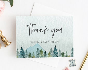 Tarjeta de agradecimiento editable de montañas, plantilla de agradecimiento de bosque rústico imprimible, agradecimiento de baby shower de leñador, descarga instantánea, 049-W