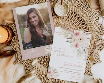 Boho Sweet Sixteen Invitation Photo, Sweet 16 Invite Boho, Dusty Pink 16th Birthday Invitation Printable, Editable Invitation Template 028-W