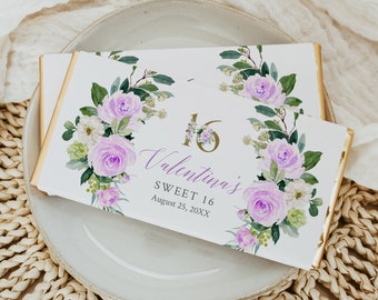 スイート16キャンディーバーラッパー、ゴールドライラックフローラルチョコレートバーラッパーテンプレート、スイート16パーティーの記念品、編集可能なラッパーテンプレート、017-W