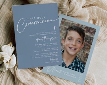 First Holy Communion Invitation Boy Communion Invite Photo, Dusty Blue Communion Invite Printable, Modern Editable Invite Template, 001-B