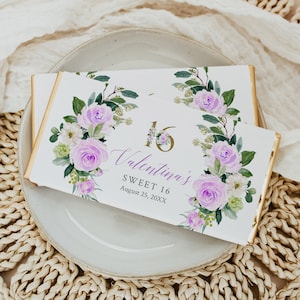 Sweet 16 Candy Bar Wrappers, Gold Lilac Floral Chocolate Bar Wrapper Template, Sweet Sixteen Party Favor, Editable Wrapper Template, 017-W