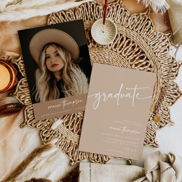 Neutral Graduation Invitation, Boho Graduation Party Photo Invite, Modern Graduation Announcement, Muted Earth Tones Editable Template 001-N