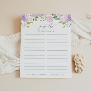 Lilac Floral Guest List Girl Baby Shower Guest List Baby Shower Guest Sign In Sheet Template, Bridal Shower Guest Sign In, Editable 021-W