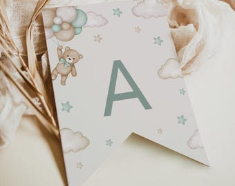 Teddy Bear Banner Template, We Can Bearly Wait Shower Decor, Bear Bunting, Editable, 044-C