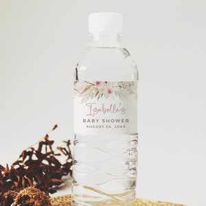 Boho Wasserflaschenetiketten, Pampas Grass Babypartyetiketten, Mädchen-Babyparty-Dekor, Boho Buffet Dekoration, Blush bearbeitbare Vorlage 028-W