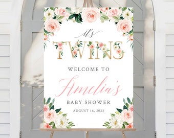 Twins Pink Floral Editable Baby Shower Welcome Sign, It's Twins Sign Template Twin Girls Printable Welcome Sign 5 sizes A1 A2 Download 016-W