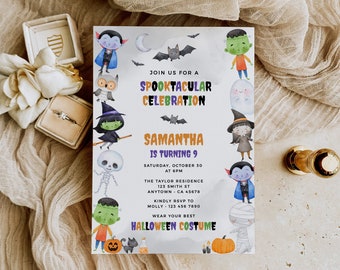 Halloween Birthday Invitation, Costume Party Invite for Kids, Printable Birthday Invite Boy or Girl, Halloween Party Editable Template 077-A