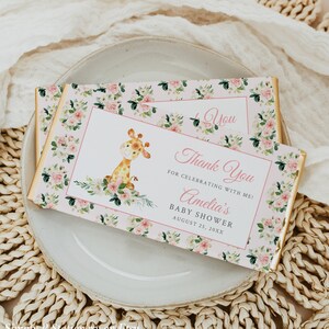 Pink Giraffe Candy Bar Wrappers, Blush Floral Chocolate Bar Wrapper Template, Girl Baby Shower Favor, Animal Editable Wrapper Template 057-W