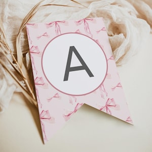 Pink Bow Banner Template, Blush Bow Bunting, Girl Baby Shower Decor, Ribbon Banner, Modern Bow Party Decoration, Bow Garland Editable, 053-A