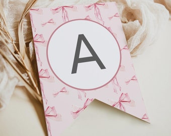 Pink Bow Banner Template, Blush Bow Bunting, Girl Baby Shower Decor, Ribbon Banner, Modern Bow Party Decoration, Bow Garland Editable, 053-A