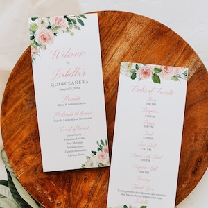 Blush Floral Quinceañera Program, Quinceañera Order of Events, Printable Quince Timeline, Mis 15 Años Program, Pink, Editable Template 016-W