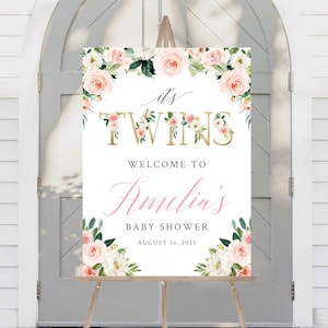 Zwillinge Rosa Blumen bearbeitbares Babyparty-Willkommensschild, es ist Zwillinge Zeichenvorlage Zwillings-Mädchen druckbares Willkommensschild 5 Größen A1 A2-Download 016-W