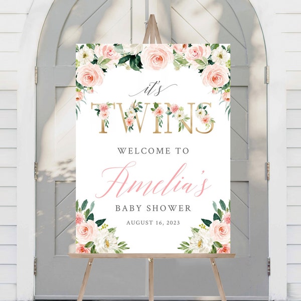 Twins Pink Floral Editable Baby Shower Welcome Sign, It's Twins Sign Template Twin Girls Printable Welcome Sign 5 sizes A1 A2 Download 016-W