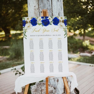 Quinceanera Seating Chart Template, Royal Blue Gold Seating Chart Poster, Editable Quince Table Plan, 15 Birthday Printable Table Plan 069-W