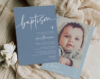 Dusty Blue Baptism Invitation, Boy Christening Invite, Printable Boy Baptism Invitation, Modern Baptism Invite, Editable Template, 001-B
