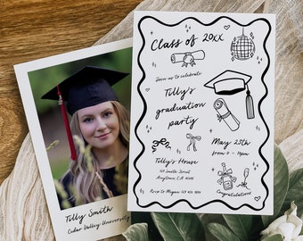 Doodle Graduation Invitation Template, Hand Drawn Graduation Party Invite, Senior Graduation Announcement with Photo Squiggle Editable 055-A