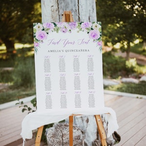 Lila Quinceanera zitplaatsen grafiek sjabloon, bloemen tabel plan poster, bewerkbare kweepeer zitplaatsen grafiek teken lavendel, 15 verjaardag afdrukbare 017-W