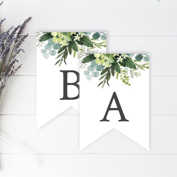 Greenery Editable Bunting, Foliage DIY Banner Template, Botanical Custom Banner, Eucalyptus Printable Bunting Garland Instant Download 045-W