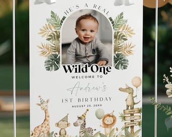 Wild One Birthday Welcome Sign Safari Animal 1st Birthday Welcome Poster Template, Printable Jungle Animal Birthday Sign Boy, Editable 088-A