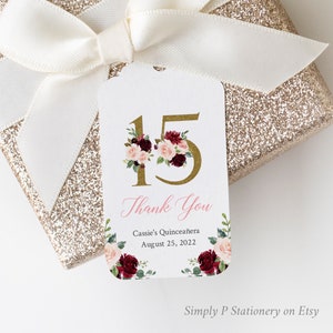 Burgunder Blush Gold Bearbeitbares Quinceanera Tag, Floral Favor Tag Template, Mis Quince Tag, personalisiertes druckbares Tag, Sofort Download 024-W