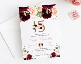 Gold Blush Burgundy Floral Quinceanera Birthday Editable Invitation, Printable Mis Quince Invite Template, Boho 15 XV Instant Download 024-W
