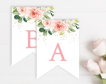 Bearbeitbare Wimpelkette mit Blumenmuster in Rosa und Gold, Blush-DIY-Banner-Vorlage, benutzerdefiniertes Banner für Mädchen, druckbare Wimpelkette, Girlande Templett Sofortiger Download 009-W