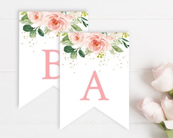 Pink Gold Floral Editable Bunting, Blush DIY Banner Template, Girl Custom Banner, Printable Bunting, Garland Templett Instant Download 009-W