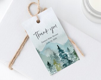 Mountains Editable Tag, Rustic Woodland Favor Tag Template, Boy Baby Shower Tag, Adventure Personalised Printable Tag Instant Download 049-W