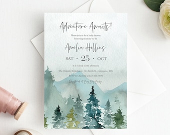 Mountains Editable Baby Shower Invitation, Printable Invite Template, Rustic Woodland Baby Shower, Forest Boy Invite, Instant Download 049-W