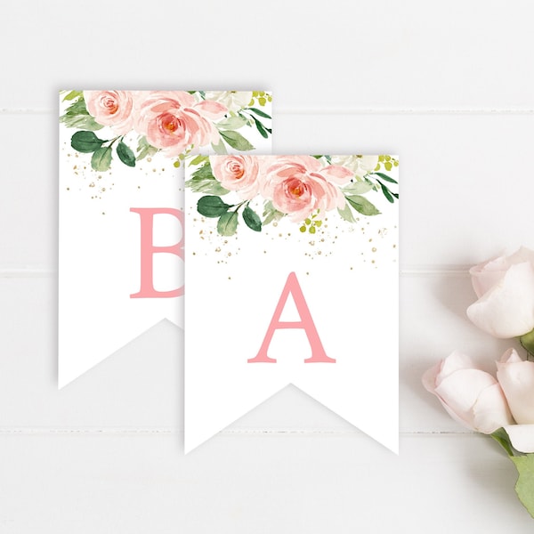 Pink Gold Floral Editable Bunting, Blush DIY Banner Template, Girl Custom Banner, Printable Bunting, Garland Templett Instant Download 009-W