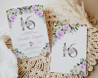 Sweet Sixteen Invitation Printable Sweet 16 Invite Editable Invitation Template Lilac Floral Birthday Invitation Lavender 16 Invite 017-W