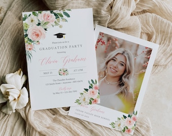 Blush Graduation Party Invitation with a Photo, Pink Floral Grad Party Invite Template, Printable Graduation Announcement, Editable, 016-W