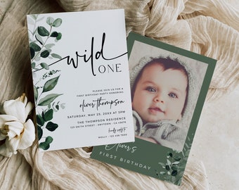 Greenery First Birthday Invitation, Botanical Birthday Invite, Wild One Invite, Printable Boy Invite, Gender Neutral Editable Template 029-W