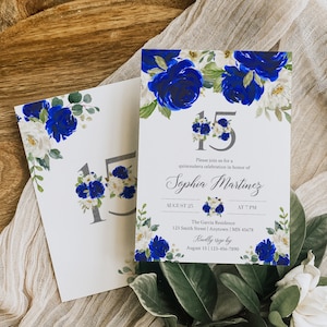 Royal Blue Quinceanera Einladung, Royal Blau Silber Mis Quitte einladen, Blumen Quitte einladen Vorlage, druckbare Geburtstag, bearbeitbar, 071-W